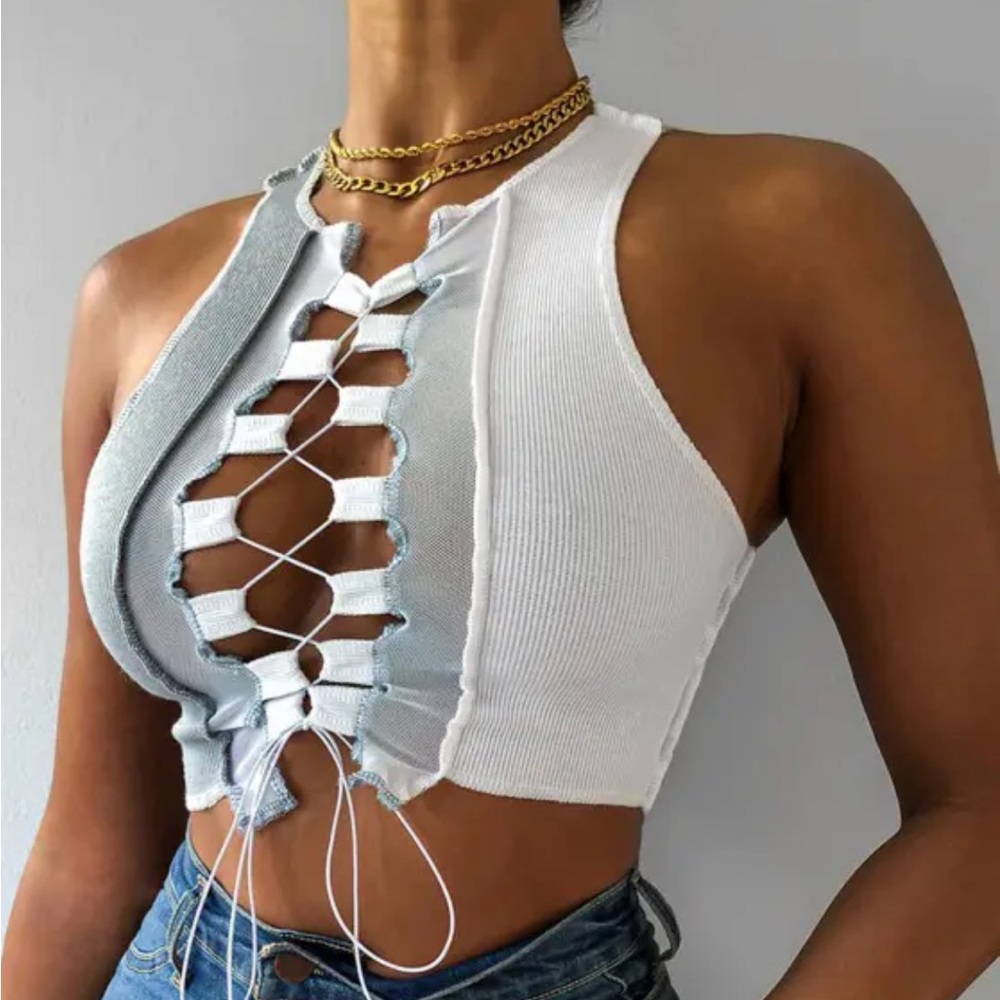 ZAFUL LACE UP GREY/WHITE CROP